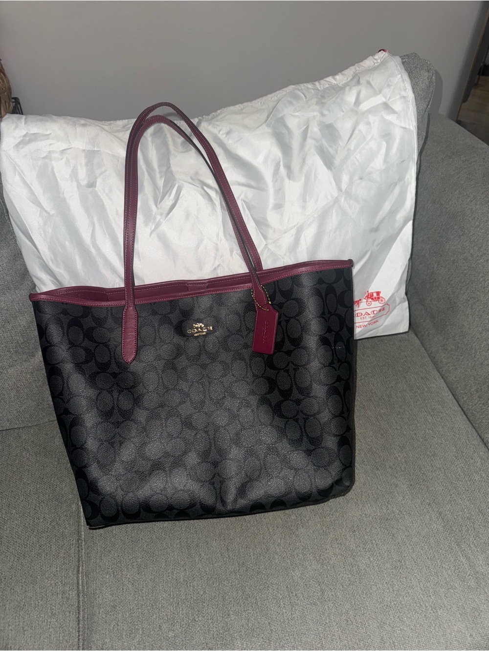 Coach City Tote with Burgundy Trim and Dust Bag